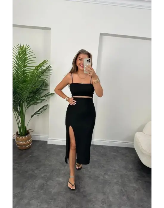 Kadın Ottoman Kumaş Likralı Midi Boy Kalem Etek Siyah