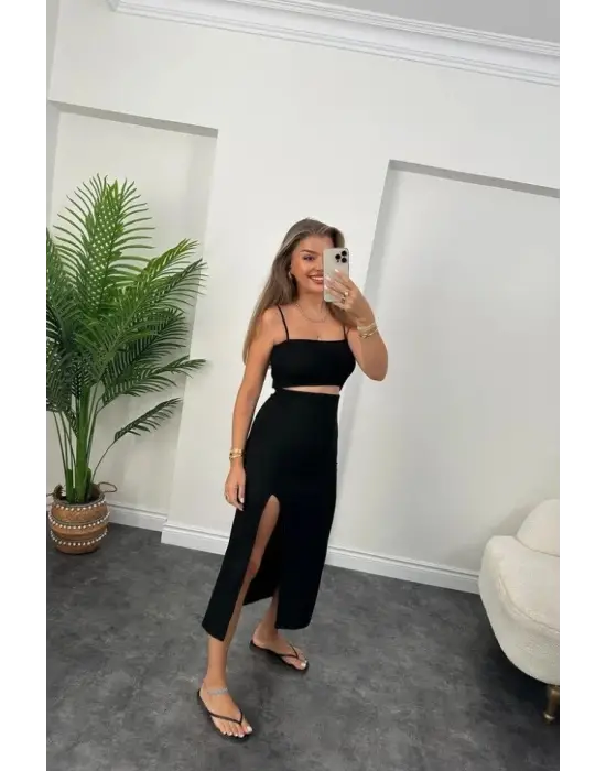 Kadın Ottoman Kumaş Likralı Midi Boy Kalem Etek Siyah