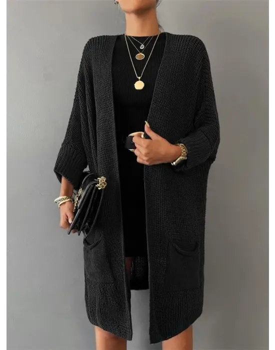 Kadın Oversize Kalıp Cep Detay Salaş Triko Hırka