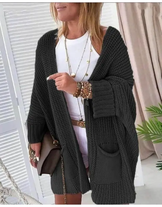 Kadın Oversize Kalıp Cep Detay Salaş Triko Hırka