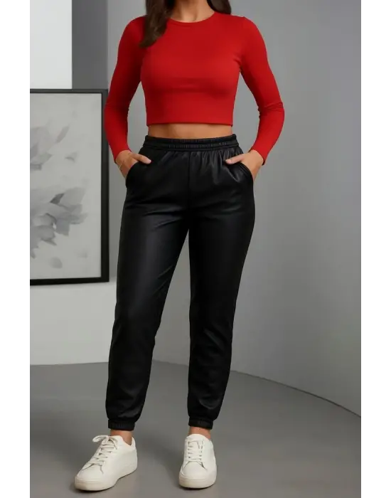 Kadın Paçası Lastikli Cep Detaylı Deri Tayt