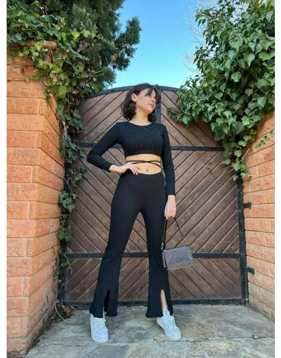 Kadın Paçası Yırtmaç Detaylı Taşlı Bel Bağlamalı Kaşkorse İkili Takım