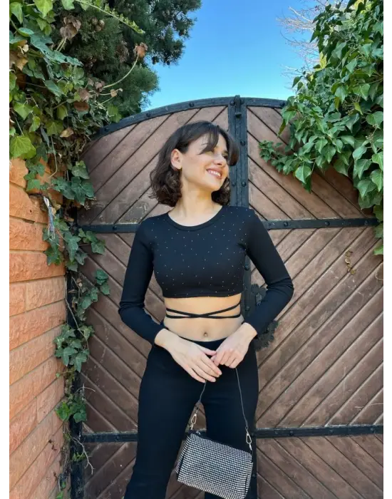 Kadın Paçası Yırtmaç Detaylı Taşlı Bel Bağlamalı Kaşkorse İkili Takım