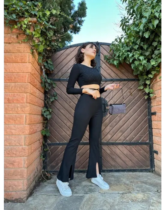 Kadın Paçası Yırtmaç Detaylı Taşlı Bel Bağlamalı Kaşkorse İkili Takım