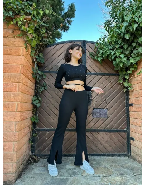 Kadın Paçası Yırtmaç Detaylı Taşlı Bel Bağlamalı Kaşkorse İkili Takım