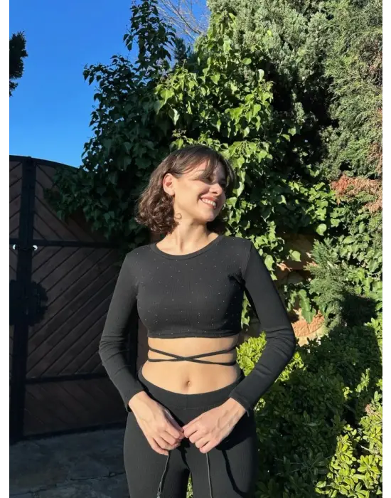 Kadın Paçası Yırtmaç Detaylı Taşlı Bel Bağlamalı Kaşkorse İkili Takım