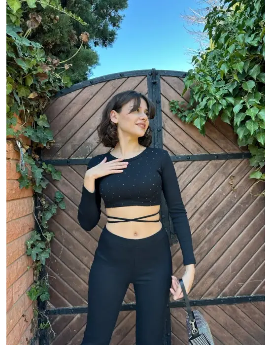 Kadın Paçası Yırtmaç Detaylı Taşlı Bel Bağlamalı Kaşkorse İkili Takım