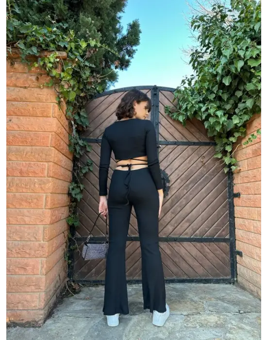 Kadın Paçası Yırtmaç Detaylı Taşlı Bel Bağlamalı Kaşkorse İkili Takım