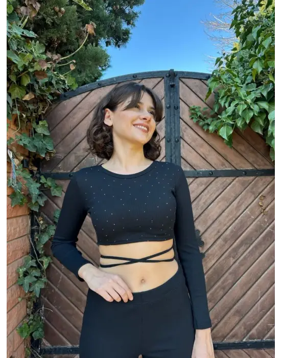 Kadın Paçası Yırtmaç Detaylı Taşlı Bel Bağlamalı Kaşkorse İkili Takım