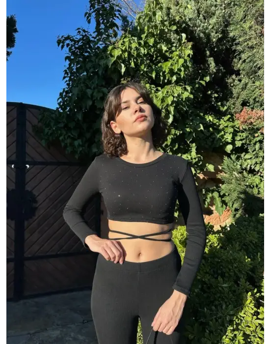 Kadın Paçası Yırtmaç Detaylı Taşlı Bel Bağlamalı Kaşkorse İkili Takım