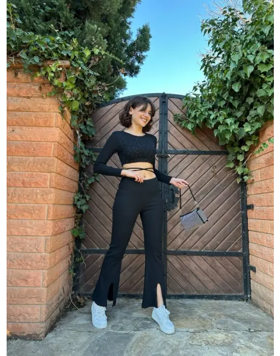 Kadın Paçası Yırtmaç Detaylı Taşlı Bel Bağlamalı Kaşkorse İkili Takım