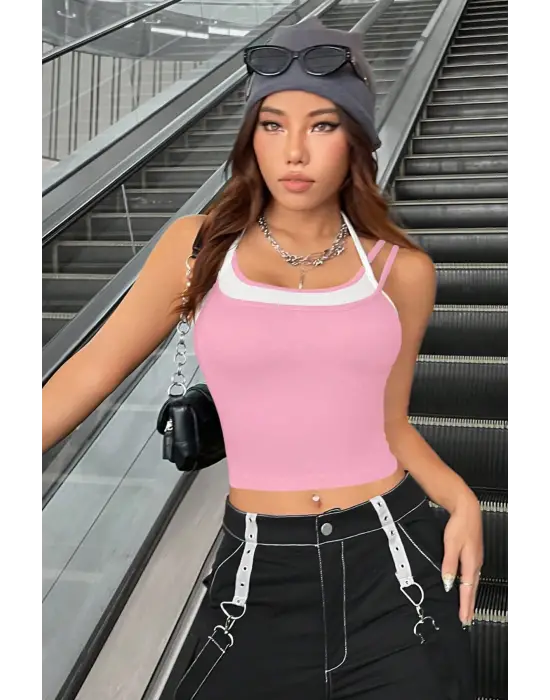 Omarı Pembe Beyaz Çift Renk Çapraz Askılı Crop Top Bluz