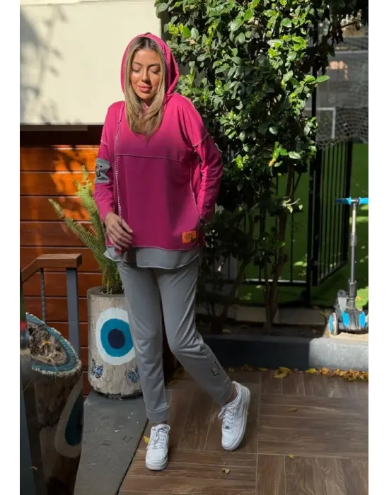 Kadın Pembe Kapşonlu Etek Ucu Detay Arma Ters Dikiş Gorunumlu Ikili Takım