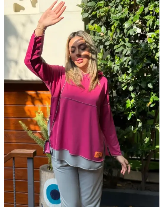 Kadın Pembe Kapşonlu Etek Ucu Detay Arma Ters Dikiş Gorunumlu Ikili Takım