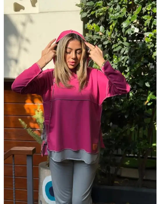 Kadın Pembe Kapşonlu Etek Ucu Detay Arma Ters Dikiş Gorunumlu Ikili Takım
