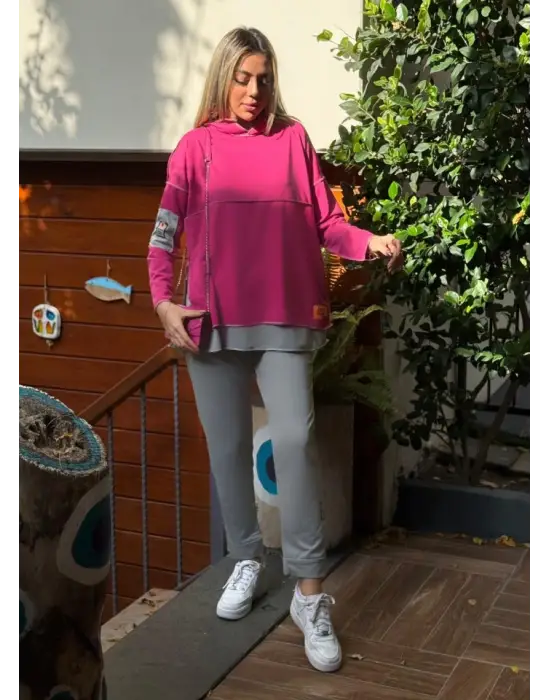 Kadın Pembe Kapşonlu Etek Ucu Detay Arma Ters Dikiş Gorunumlu Ikili Takım