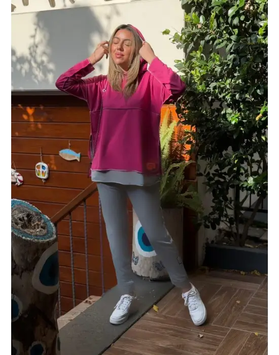 Kadın Pembe Kapşonlu Etek Ucu Detay Arma Ters Dikiş Gorunumlu Ikili Takım