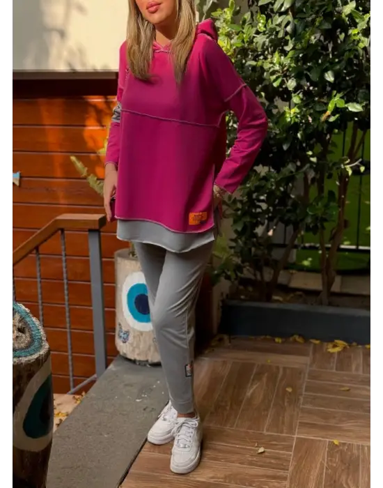 Kadın Pembe Kapşonlu Etek Ucu Detay Arma Ters Dikiş Gorunumlu Ikili Takım