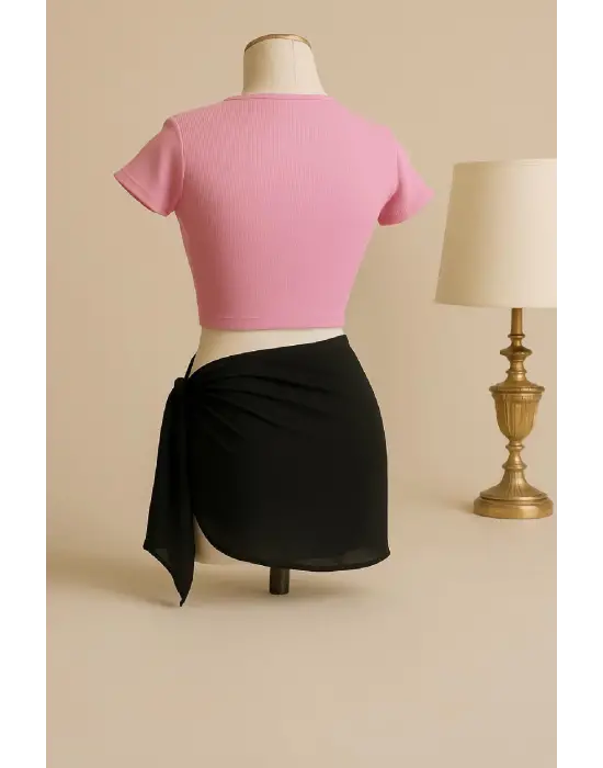 Omarı Pembe Crop Üst ve Siyah Pareo 2li Set