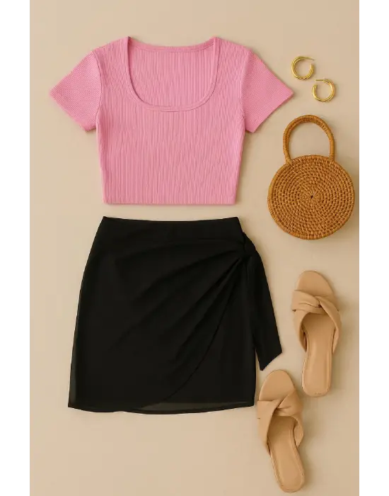 Omarı Pembe Crop Üst ve Siyah Pareo 2li Set