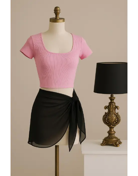 Omarı Pembe Crop Üst ve Siyah Pareo 2li Set