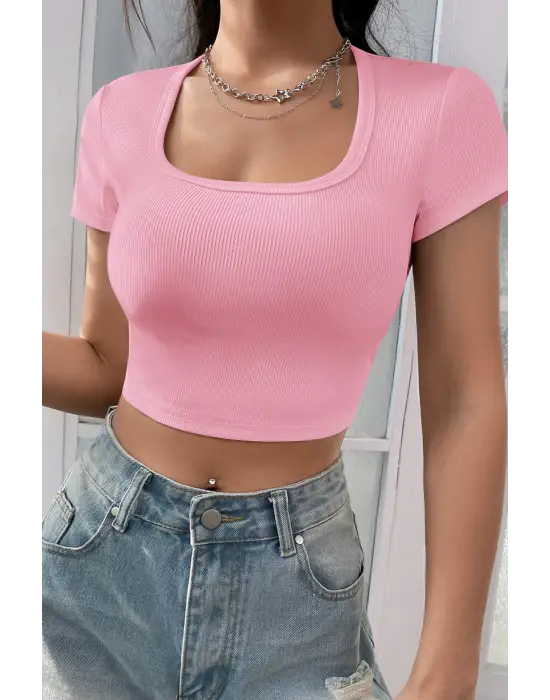 Omarı Pembe Yarım Kol Crop Top Bluz