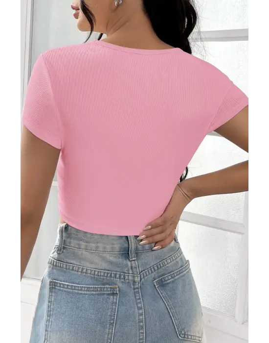 Omarı Pembe Yarım Kol Crop Top Bluz