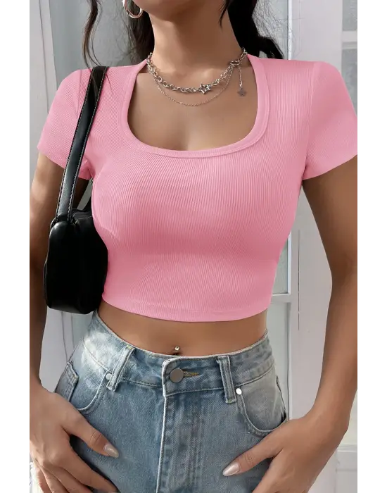 Omarı Pembe Yarım Kol Crop Top Bluz