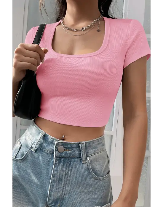 Omarı Pembe Yarım Kol Crop Top Bluz