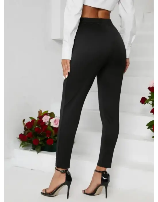 Kadın Pile Detay Beli Lastikli Günlük Slim Fit Viskon Iki Iplik Pantolon