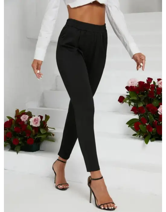 Kadın Pile Detay Beli Lastikli Günlük Slim Fit Viskon Iki Iplik Pantolon