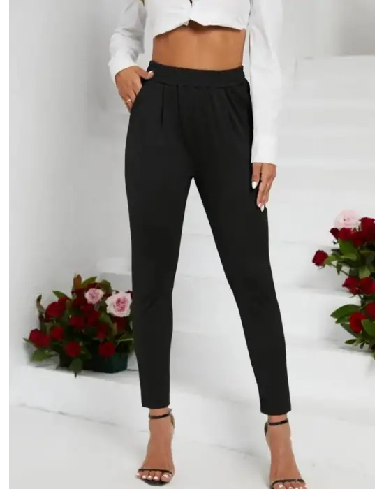 Kadın Pile Detay Beli Lastikli Günlük Slim Fit Viskon Iki Iplik Pantolon