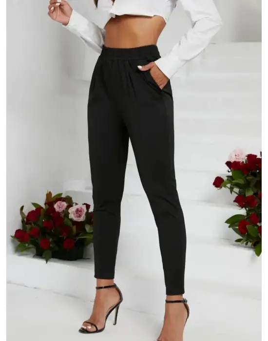 Kadın Pile Detay Beli Lastikli Günlük Slim Fit Viskon Iki Iplik Pantolon