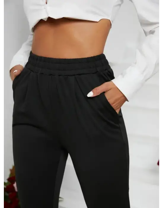 Kadın Pile Detay Beli Lastikli Günlük Slim Fit Viskon Iki Iplik Pantolon