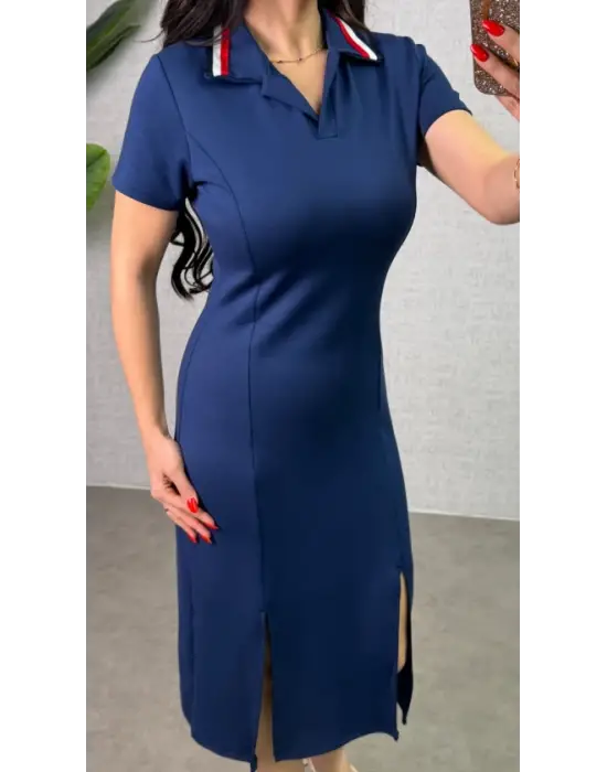 Kadın Polo Yaka çift Yırtmaç Detay Modal Kumaş Midi Boy Elbise