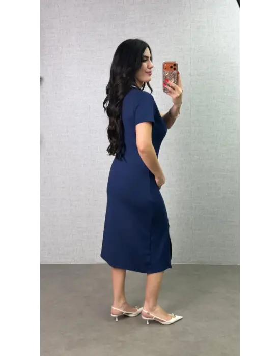 Kadın Polo Yaka çift Yırtmaç Detay Modal Kumaş Midi Boy Elbise