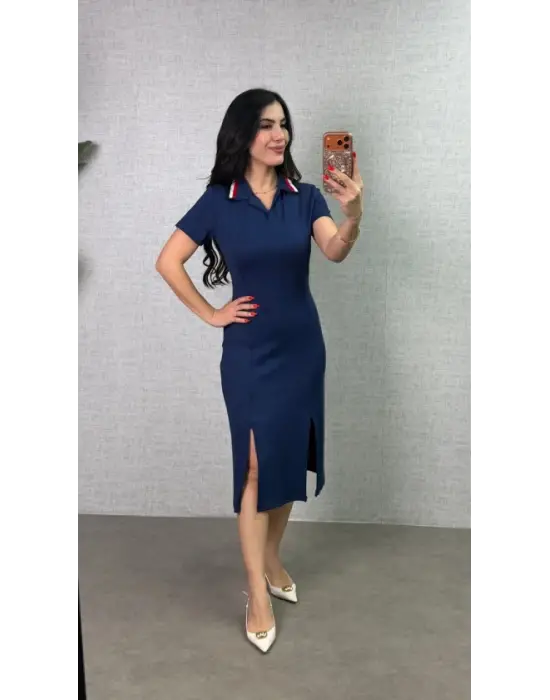 Kadın Polo Yaka çift Yırtmaç Detay Modal Kumaş Midi Boy Elbise