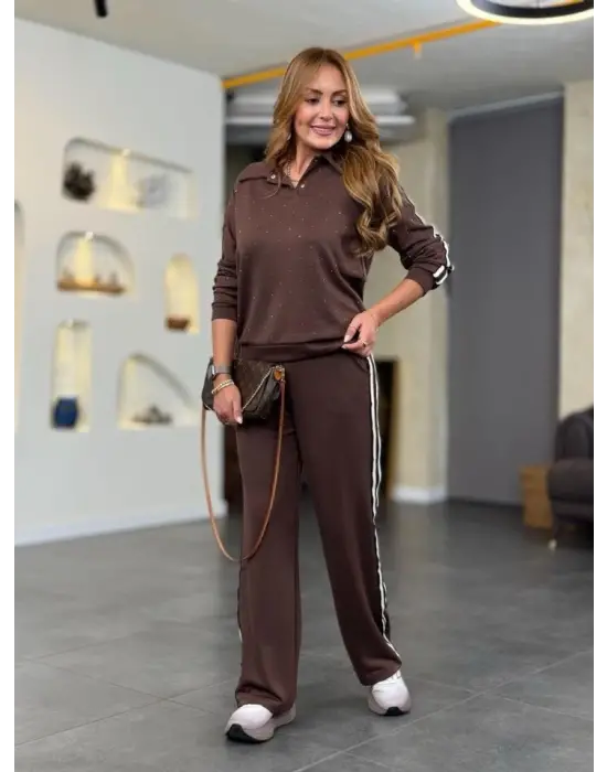 Kadın Polo Yaka çıt çıt Ve Inci Detay Ribanalı Ikili Takım