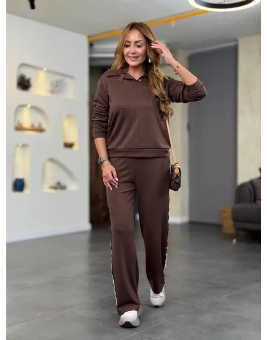 Kadın Polo Yaka çıt çıt Ve Inci Detay Ribanalı Ikili Takım