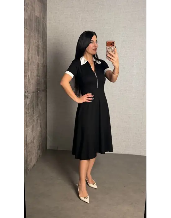 Kadın Polo Yaka Fermuar Detaylı Modal Midi Elbise