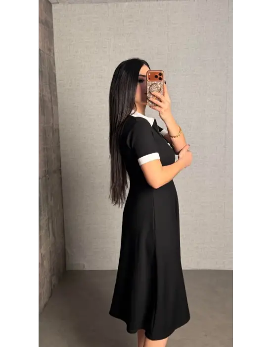 Kadın Polo Yaka Fermuar Detaylı Modal Midi Elbise