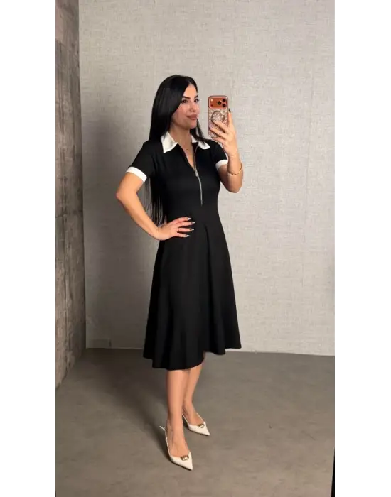 Kadın Polo Yaka Fermuar Detaylı Modal Midi Elbise