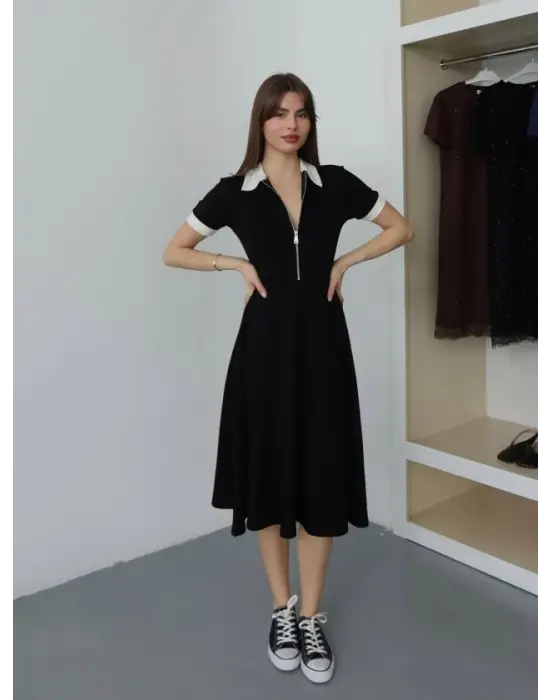 Kadın Polo Yaka Fermuar Detaylı Modal Midi Elbise