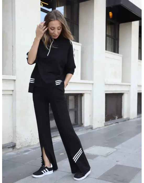 Kadın Polo Yaka Paça Yırtmaçlı Ribanalı İkili Takım