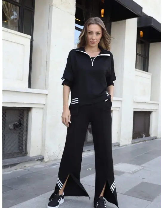 Kadın Polo Yaka Paça Yırtmaçlı Ribanalı İkili Takım