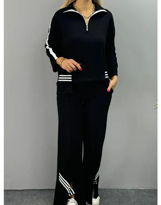 Kadın Polo Yaka Paça Yırtmaçlı Ribanalı İkili Takım