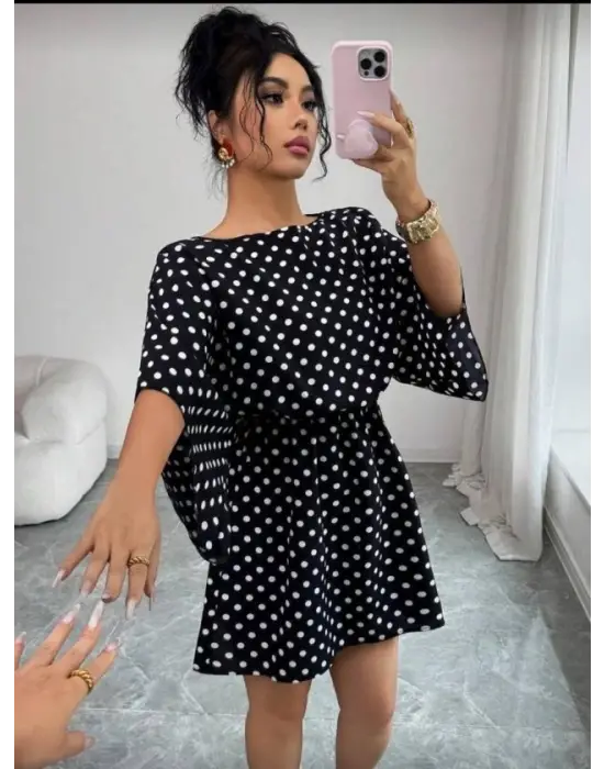 Kadın Puantiyeli örme Krep Mini Elbise (kemersiz)