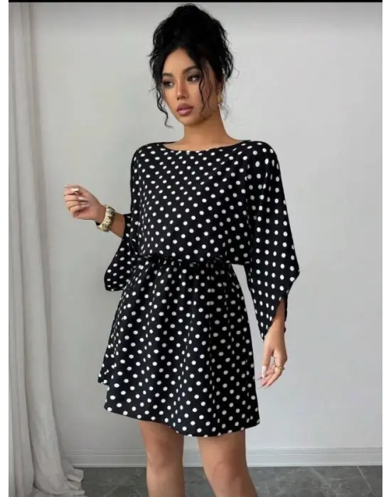 Kadın Puantiyeli örme Krep Mini Elbise (kemersiz)