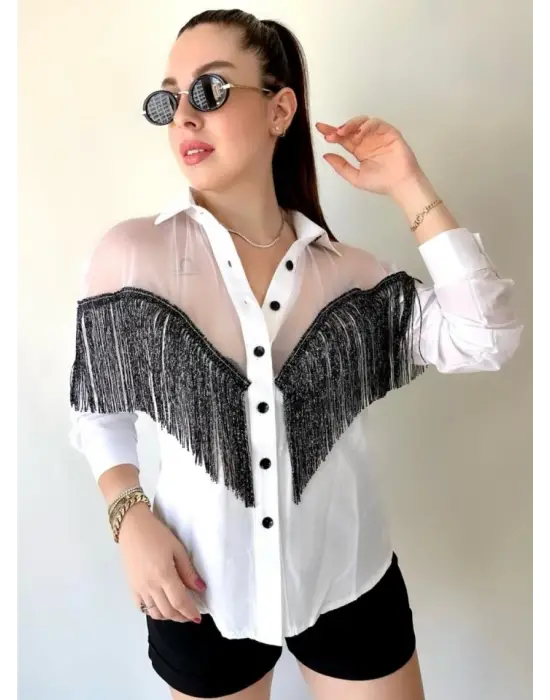 Omarı Elegan Püsküllü Poplin Gömlek Bluz