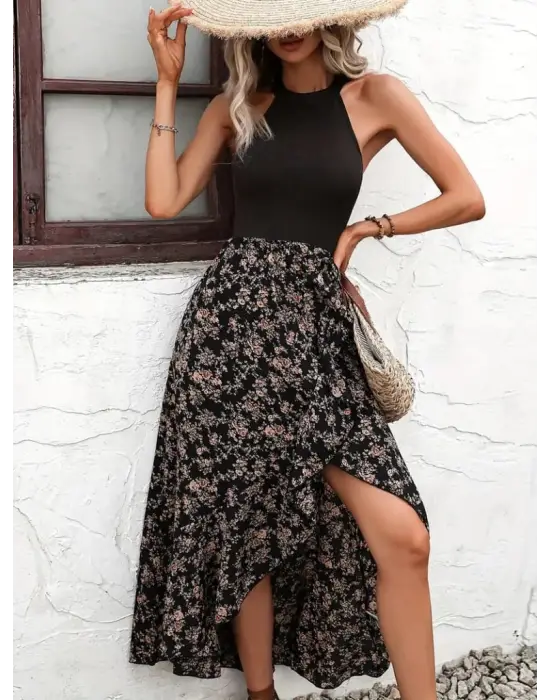 Kadın Reglan Kol Daire Yaka üst Viskon Alt Süprem Desenli Midi Elbise